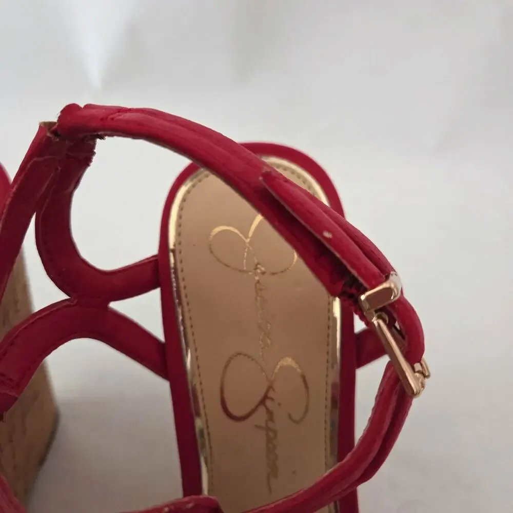 Jessica Simpson Brinlee Red Strappy Tall Cork Wedge Sandals Baddie Summer Sz 7.5